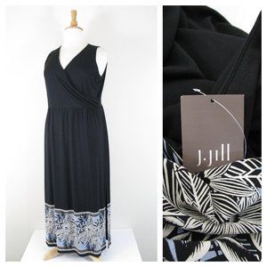 J. Jill Womens Plus Size Black Tropical Floral Hem V-neck Maxi Dress Size L 14